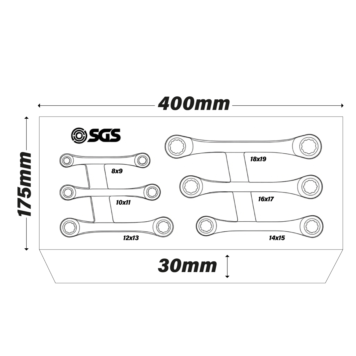 SGS 6pc Metric Double Box End Ratchet Spanner Set | 8mm-19mm | Foam Insert